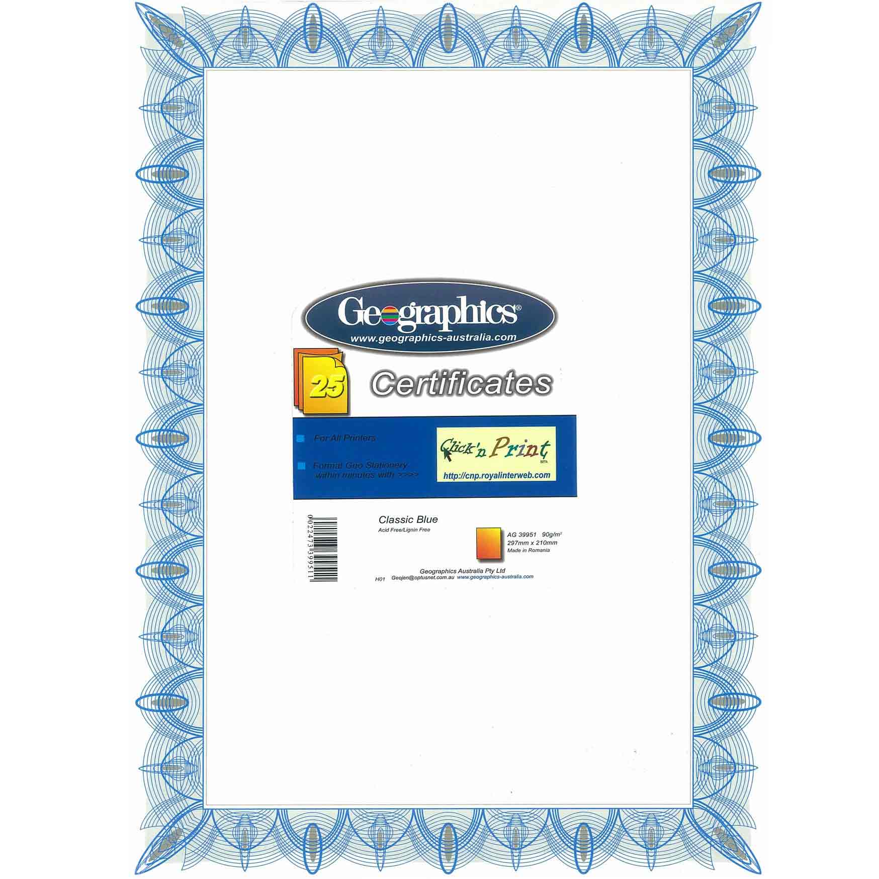 GEOPAPER CERTIFICATES BLUE PKT 25